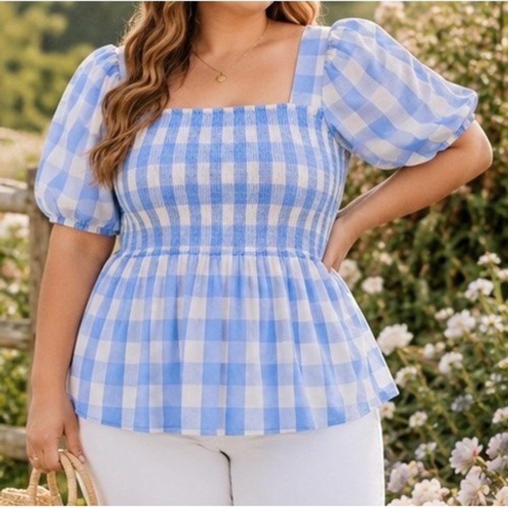 Cottagecore Smocked Gingham Peplum Top Blue Womens 1X Grace + Karma
